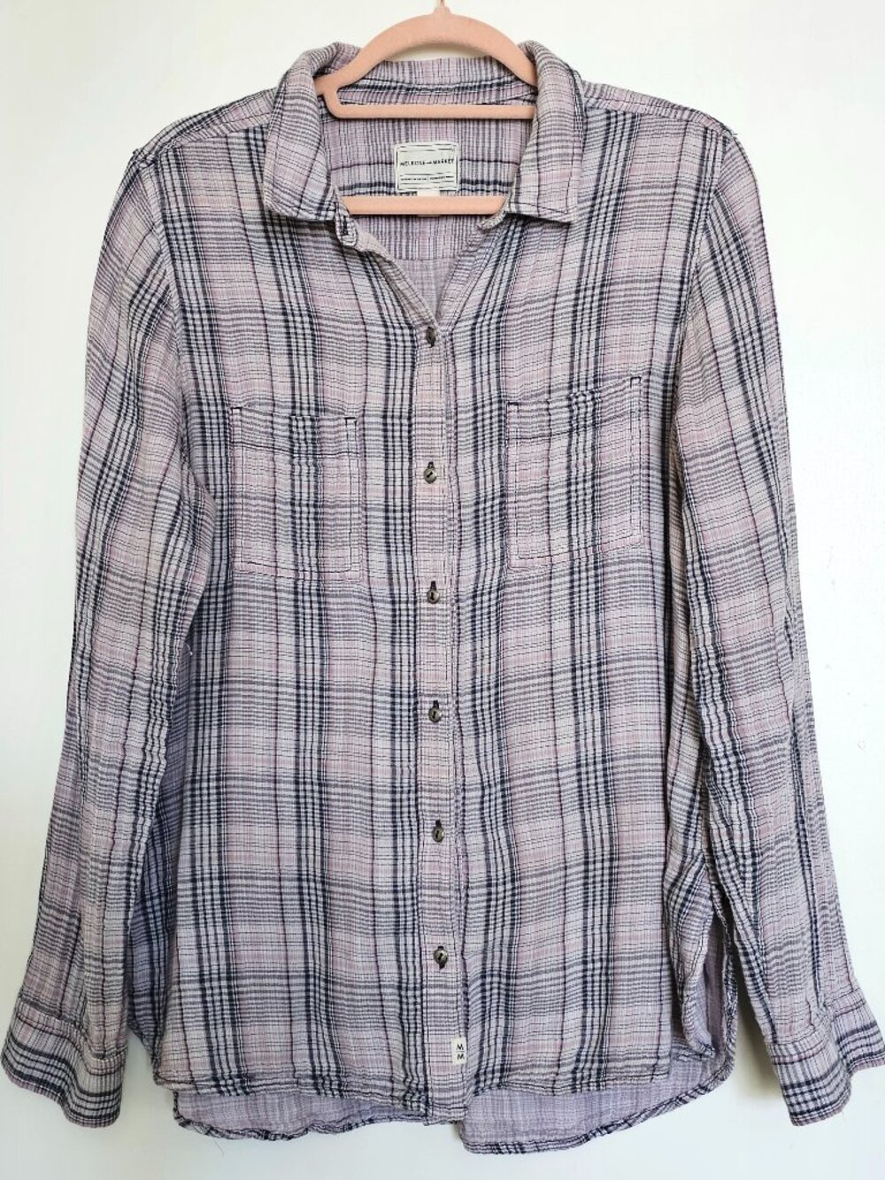 Melrose and Market Plaid Gauze Cotton Long Sleeve Button Front Top Shirt Medium